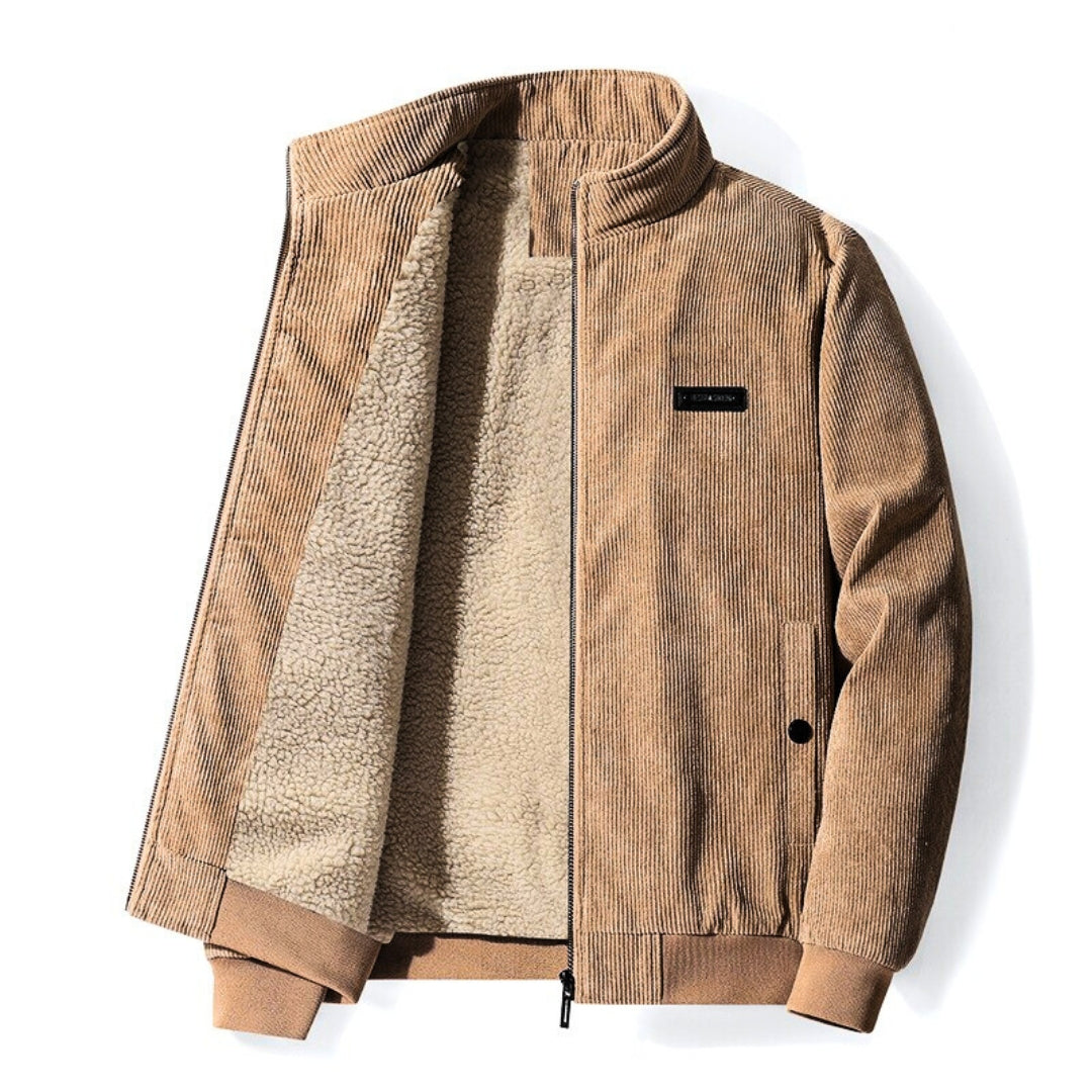 Back view of the men's sherpa-lined corduroy jacket with a structured fit