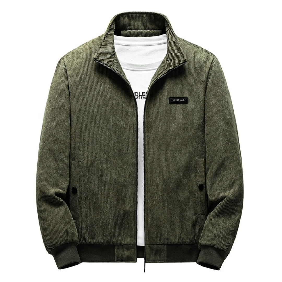 Men's sherpa-lined corduroy jacket styled open to show the interior lining