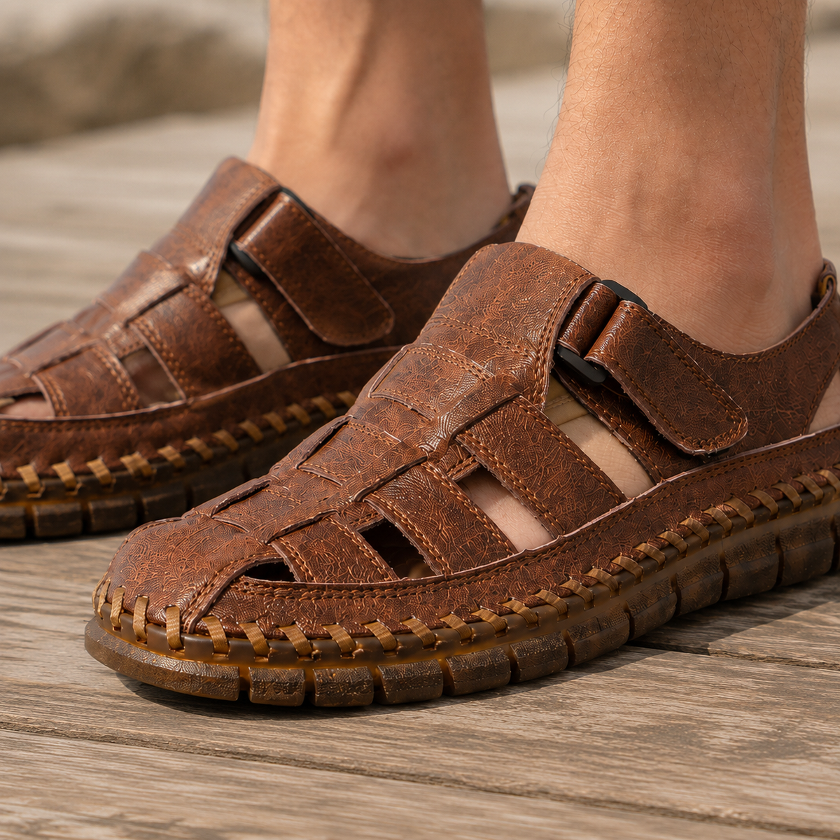 Men's leather fisherman sandals with a closed toe and woven strap design