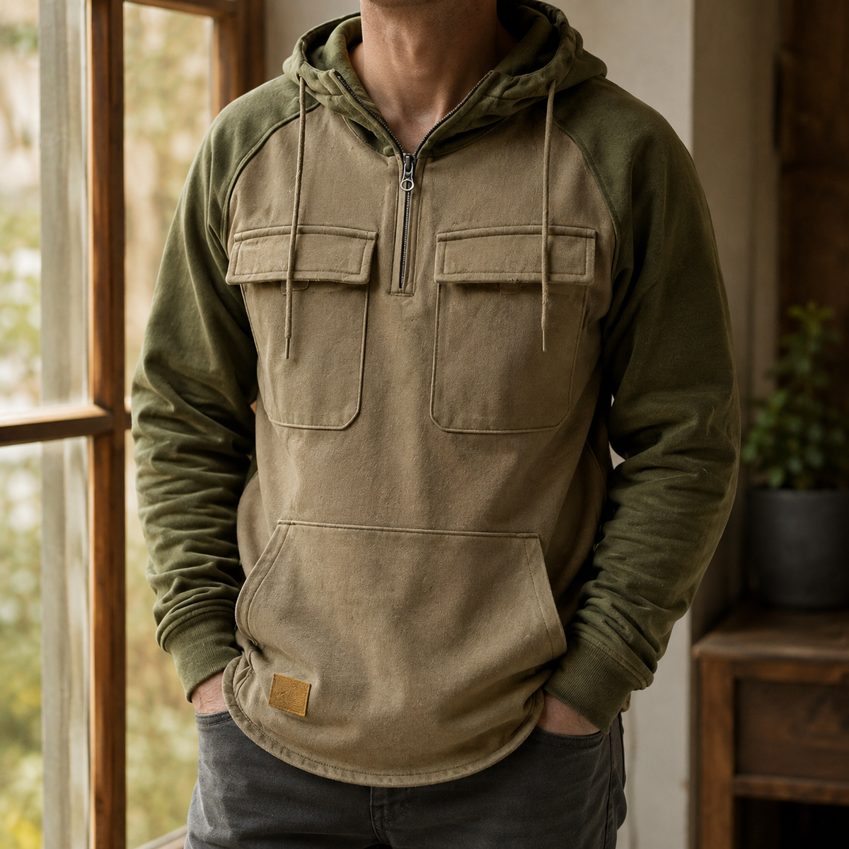 Men's gray utility hoodie with a half-zip front shown against a clean background