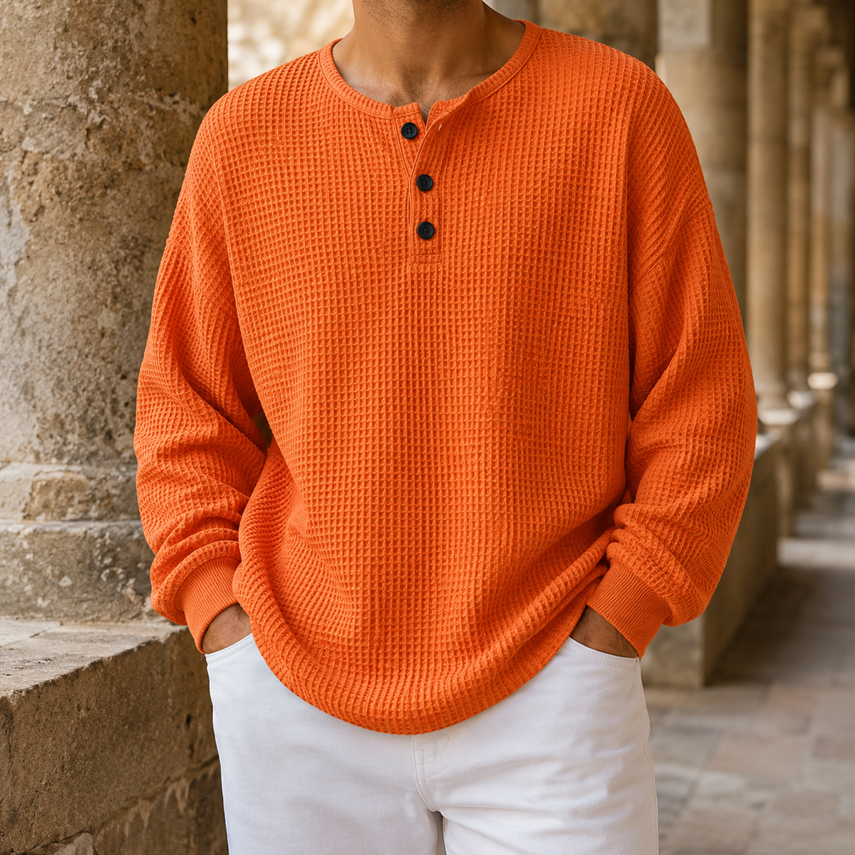 Men's waffle knit Henley sweater shown from the front