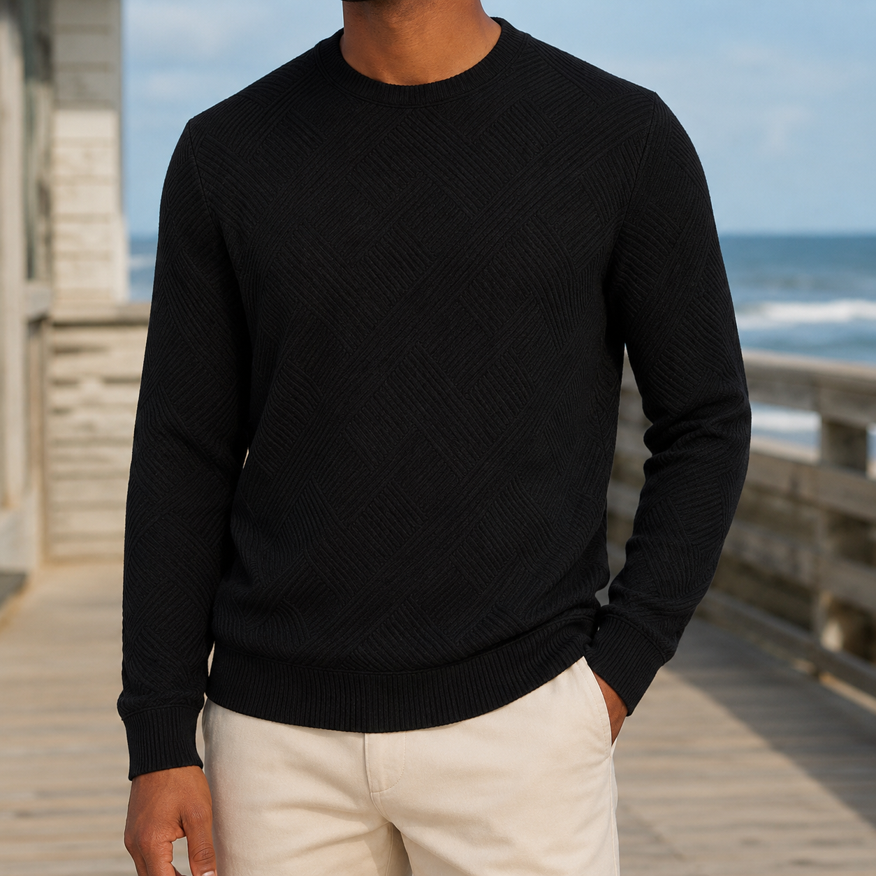 Men's textured crewneck sweater shown from the front