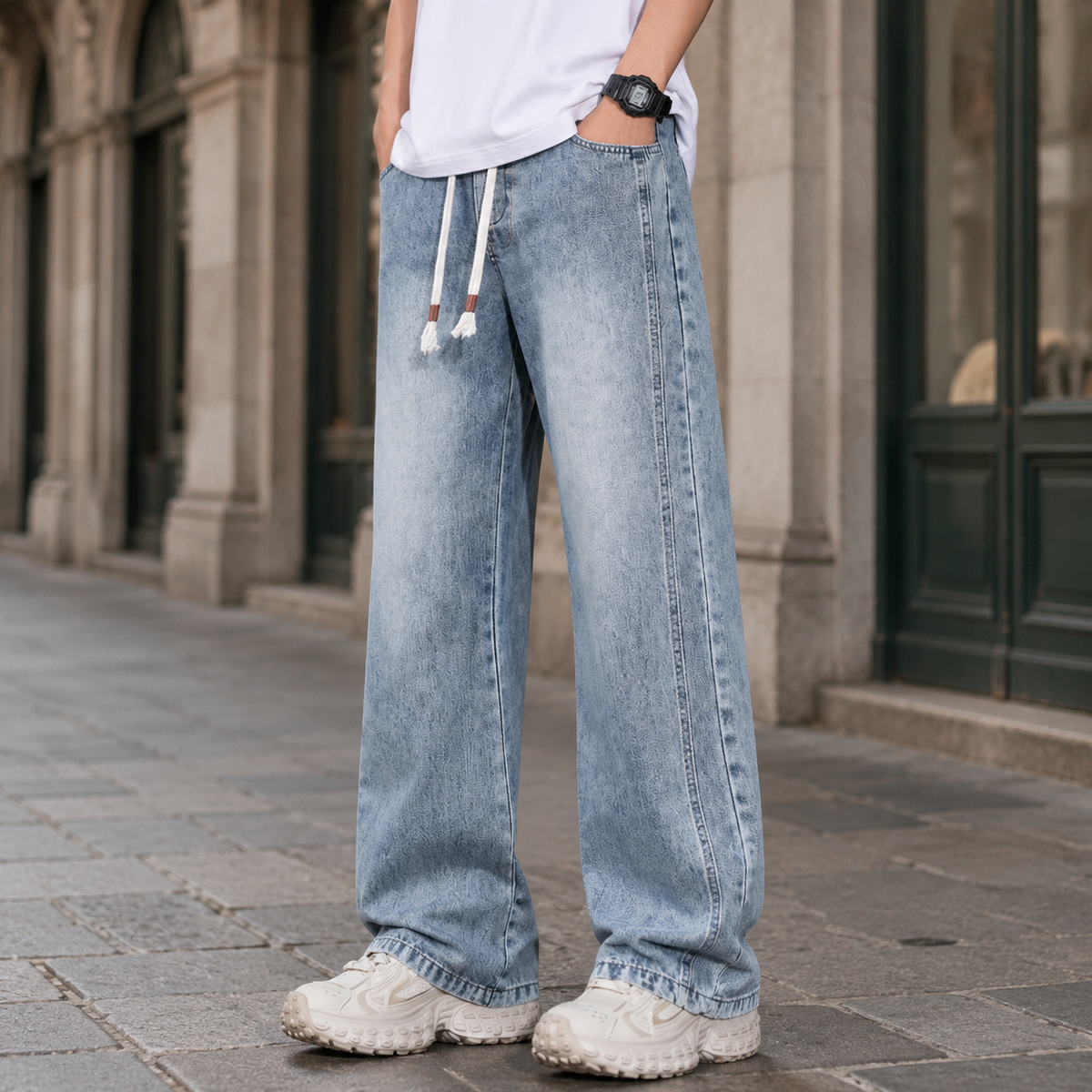Men's Relaxed Wide-Leg Jeans With Drawstring Waist