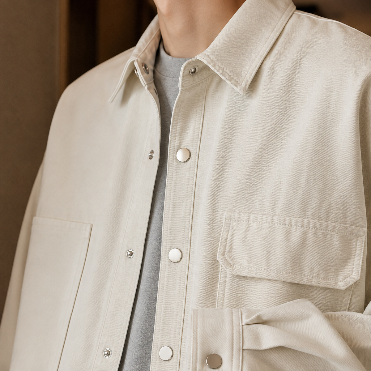 Men's utility jacket shown from the back with a structured fit