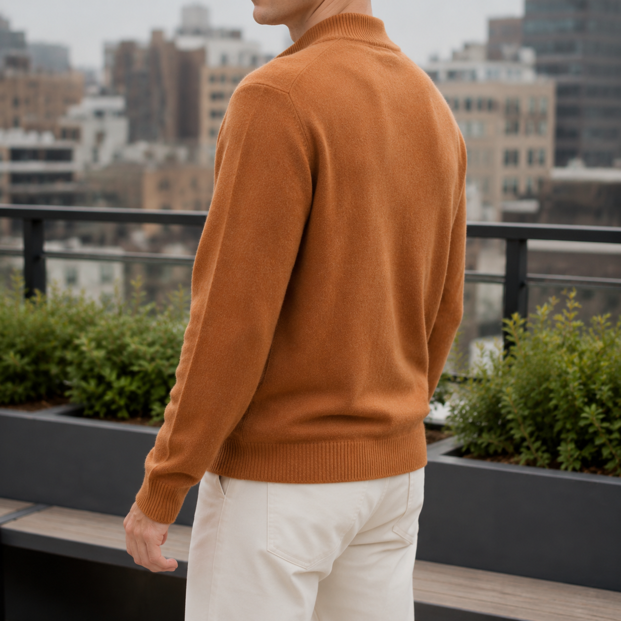 Men's cashmere blend sweater showing the full button-front design