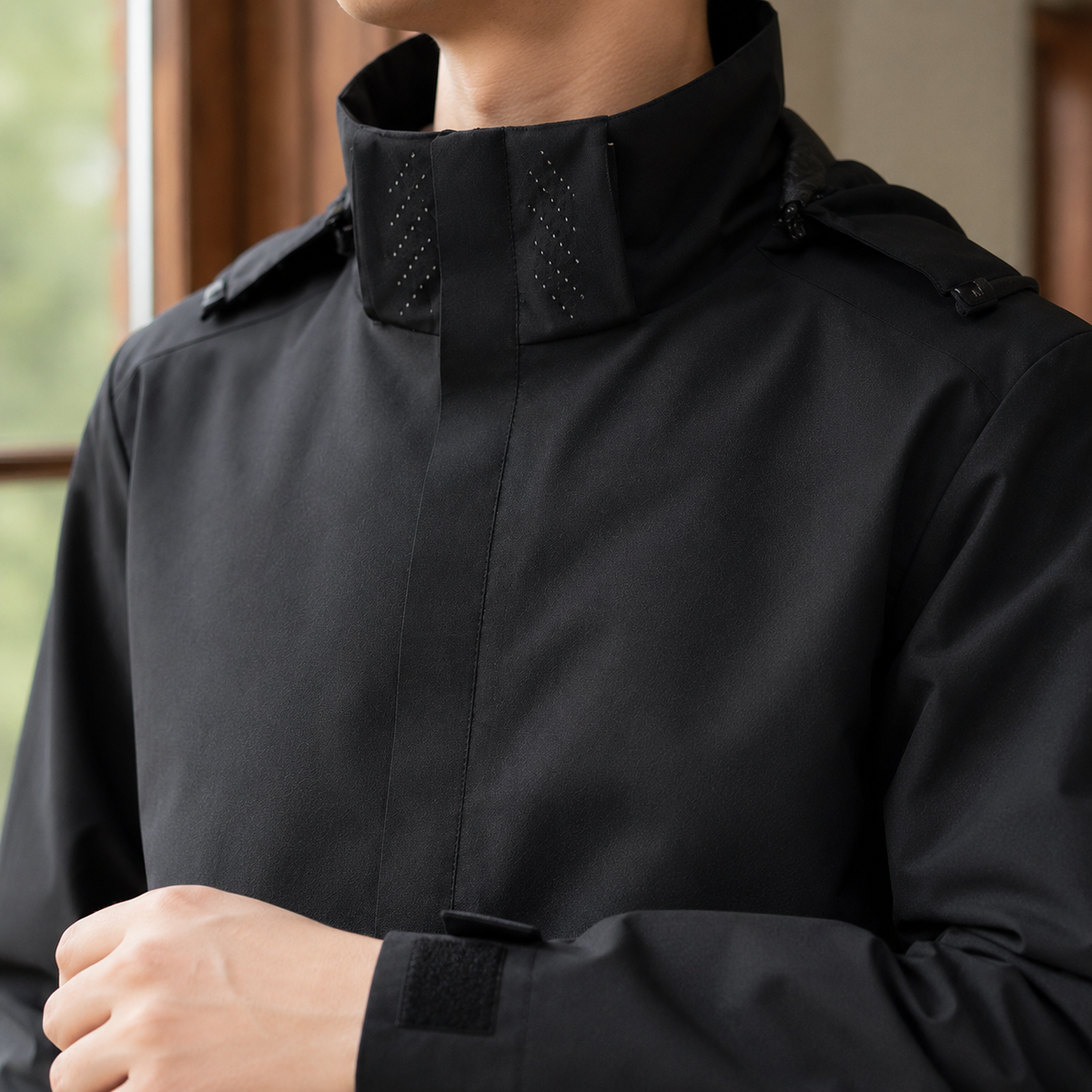 Men's hooded jacket shown with the hood up
