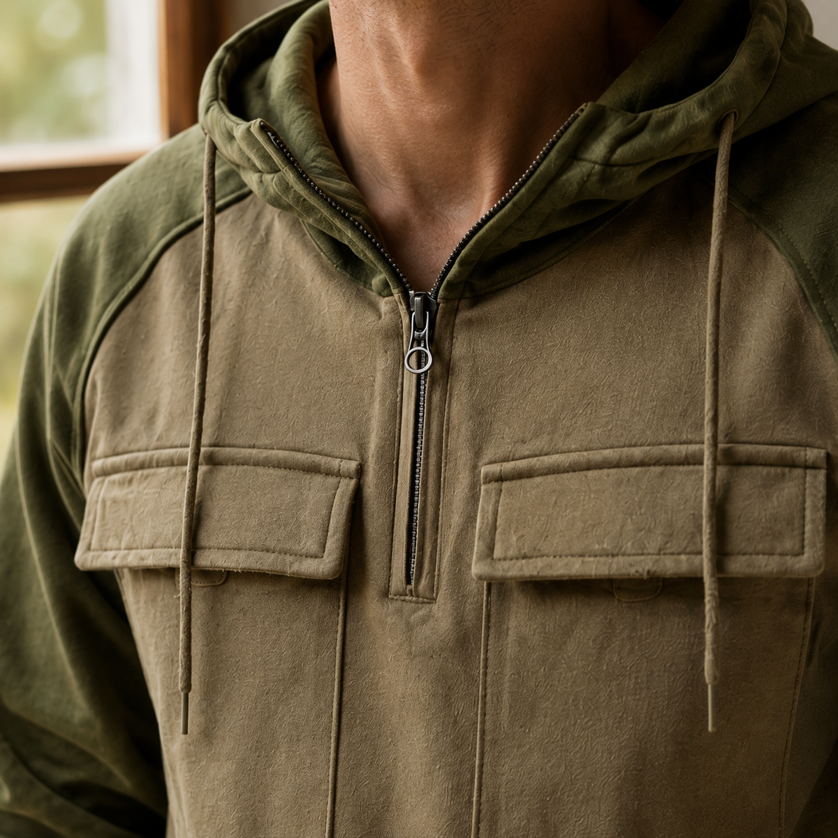Front view of a men's gray utility hoodie with a structured hood and long sleeves