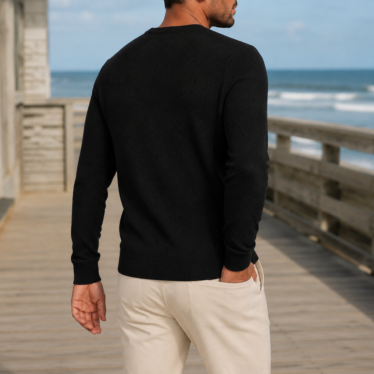 Close-up view of the sweater's textured knit fabric