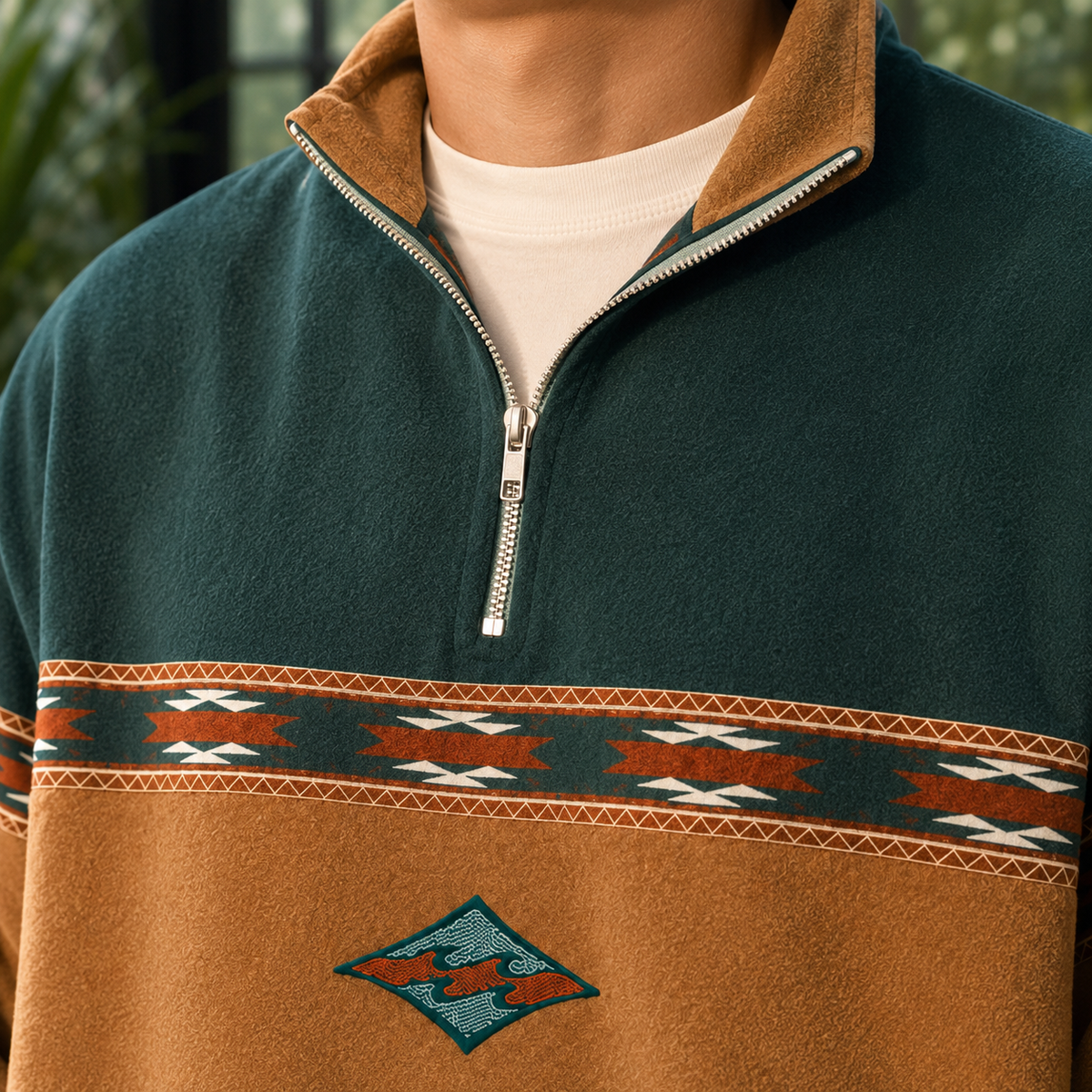 Close-up of the quarter-zip collar and knit texture