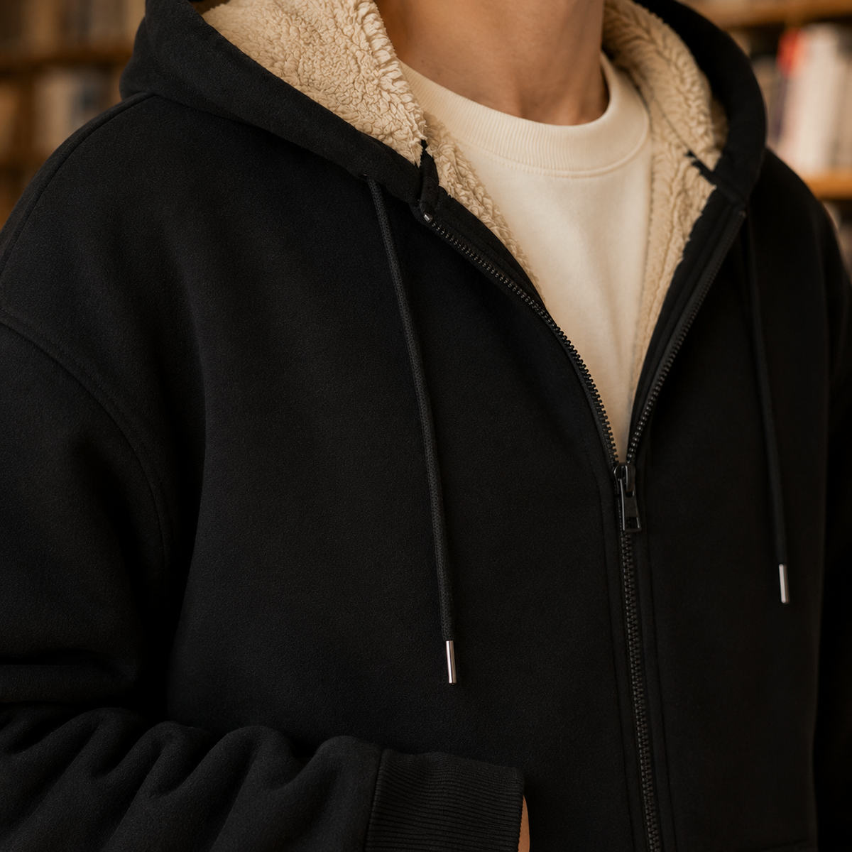 Close-up of the soft sherpa lining inside a men's zip hoodie