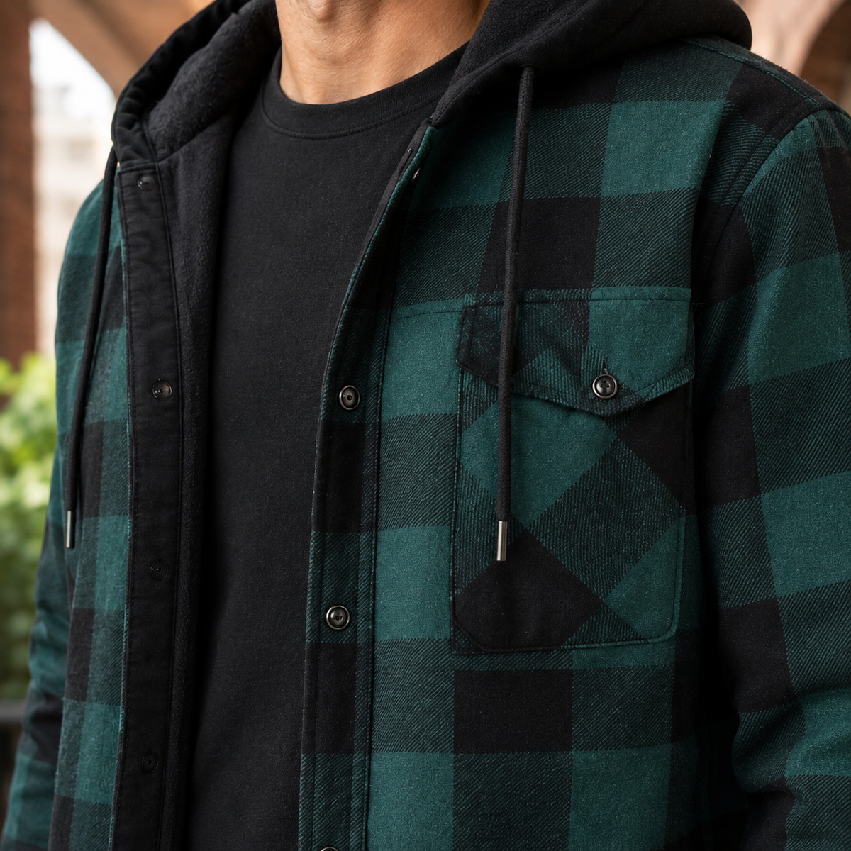 Front view of a men's plaid hooded denim jacket