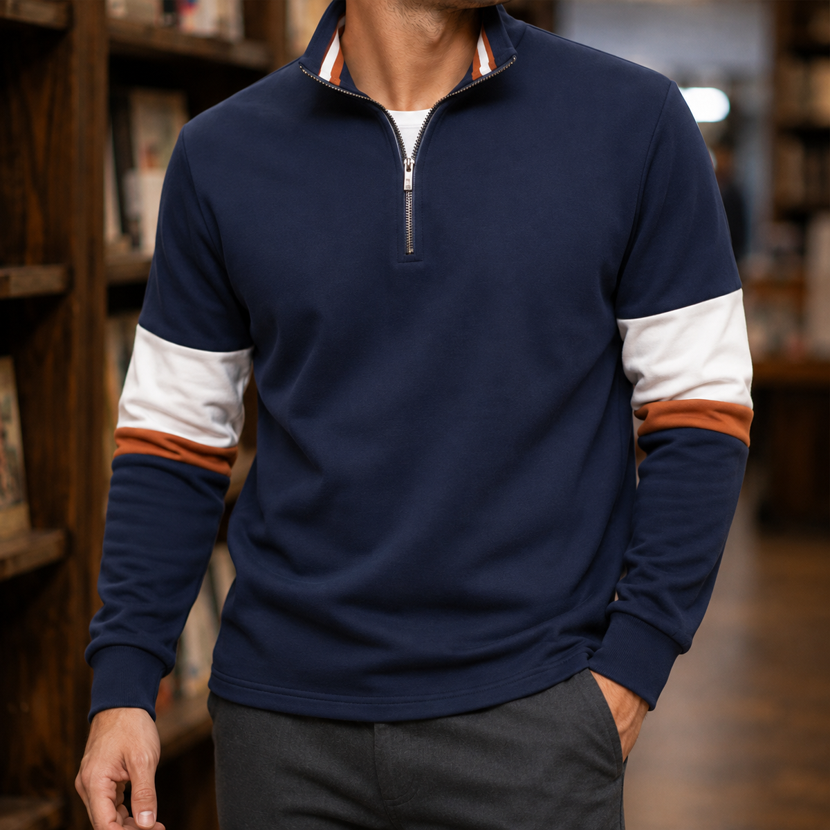 Side view of the men's quarter-zip sweater showing its relaxed fit