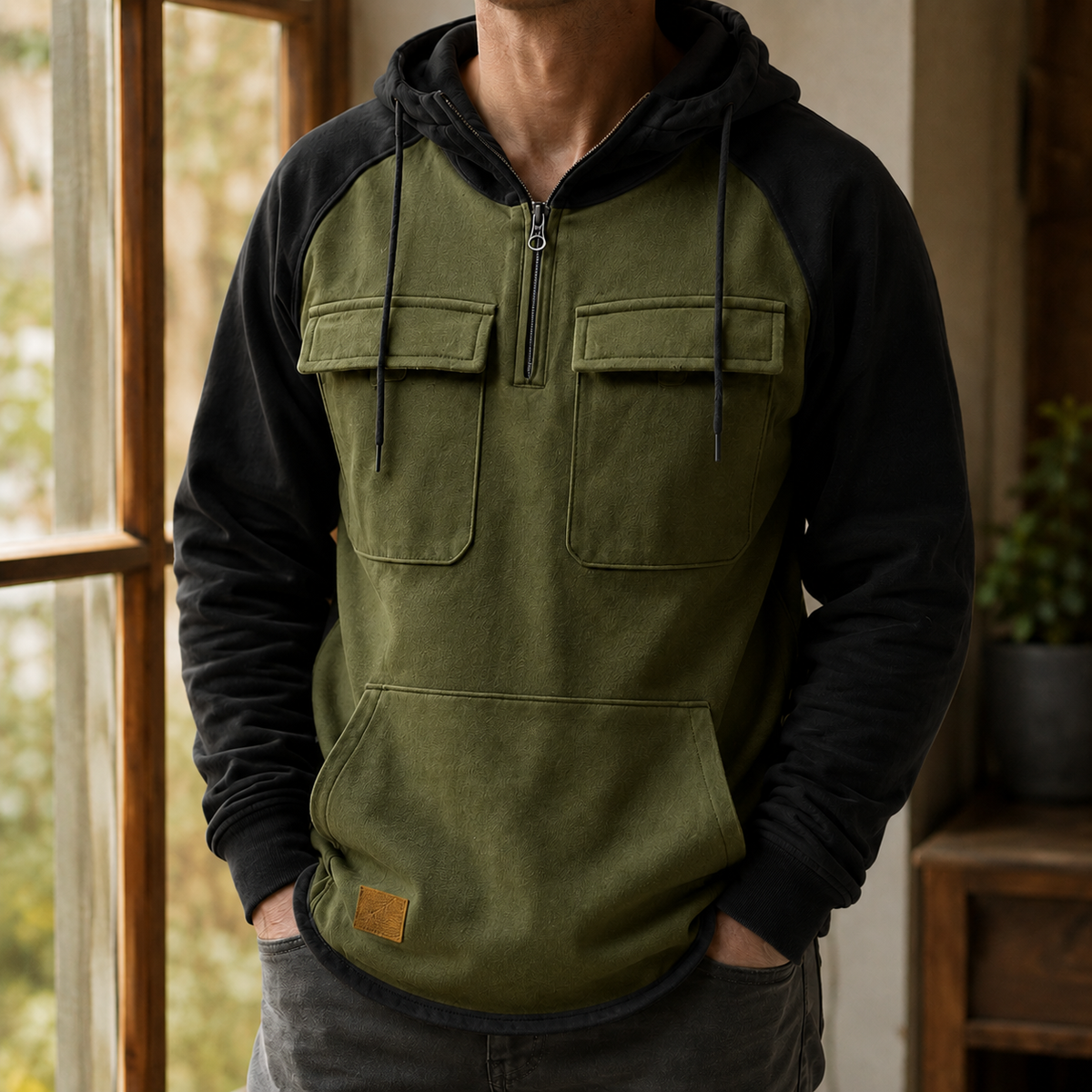Men's Gray Utility Hoodie With Half-Zip