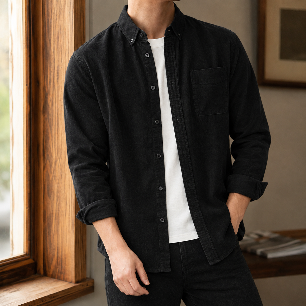Men's Textured Overshirt With Button-Down Collar