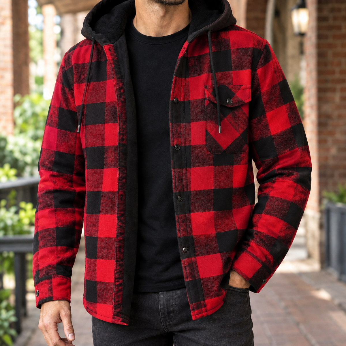 Men's plaid denim jacket showing the attached hood and button front