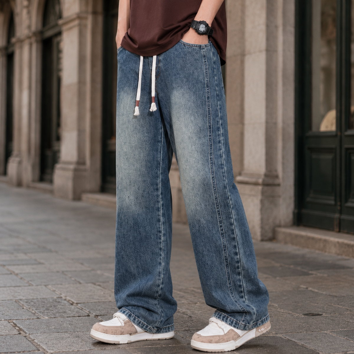 Men's Relaxed Wide-Leg Jeans With Drawstring Waist