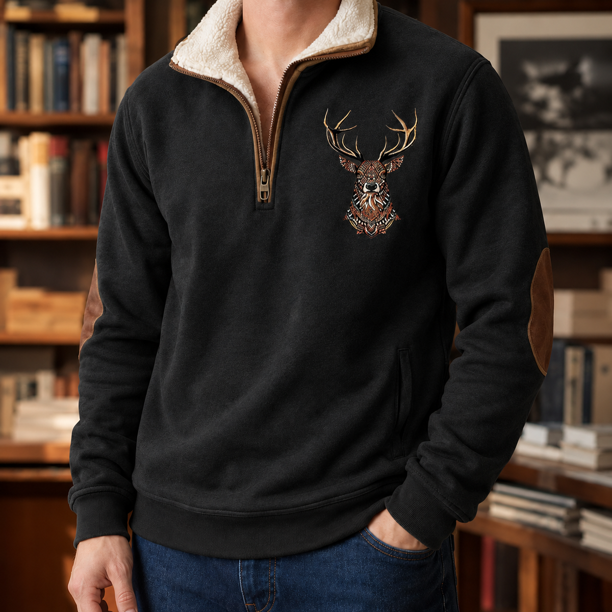 Men's sweater detail showing the quarter zip closure and knit texture