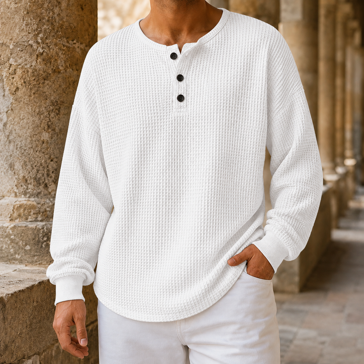 Men's Waffle Knit Henley Sweater