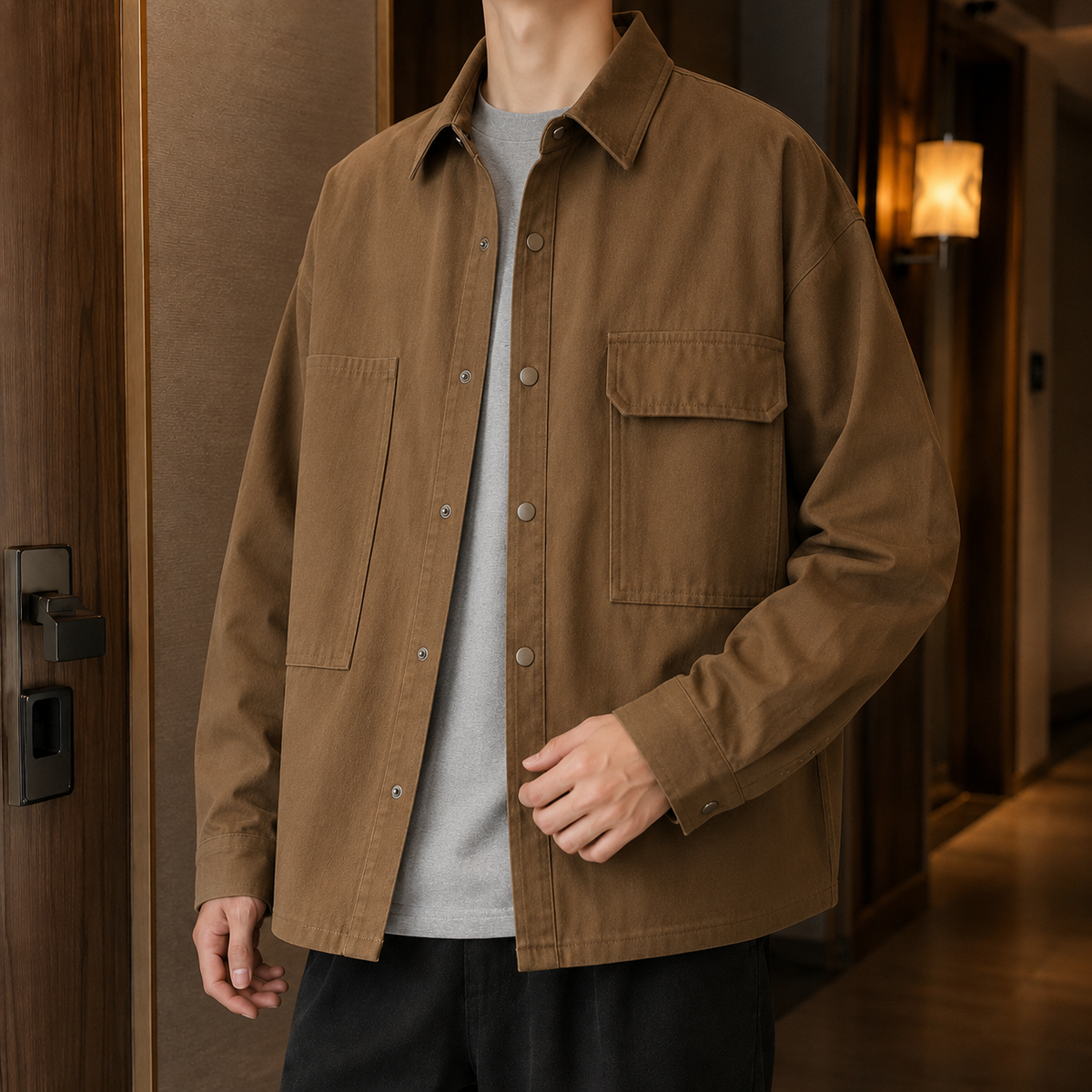Men's utility jacket shown in a side view for a clear look at its fit