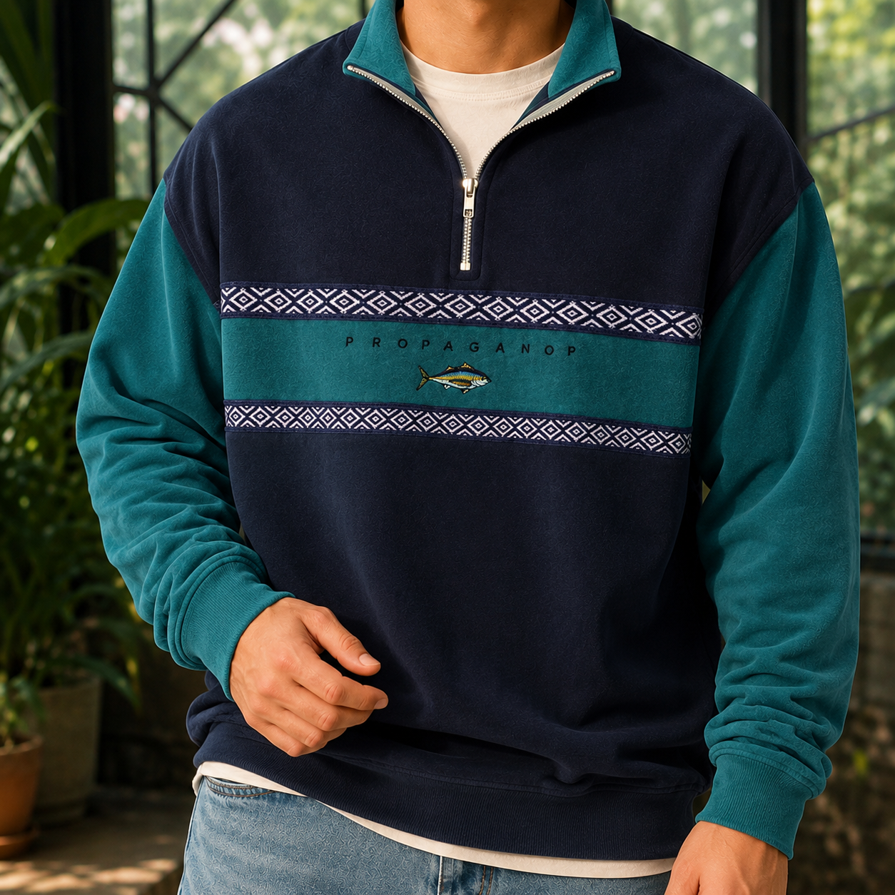 Back view of the men's knit quarter-zip sweater