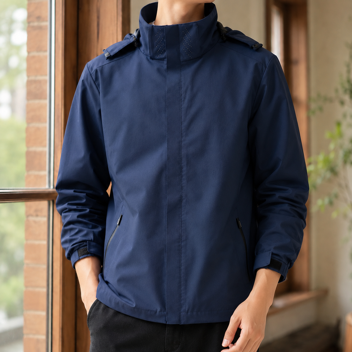 Side view of men's hooded jacket with long sleeves