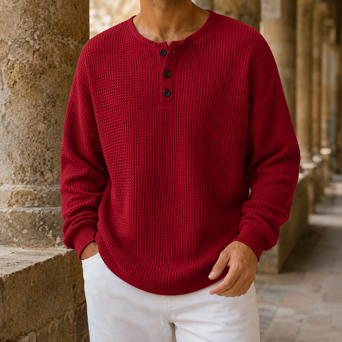 Long-sleeve men's waffle knit sweater styled for casual wear
