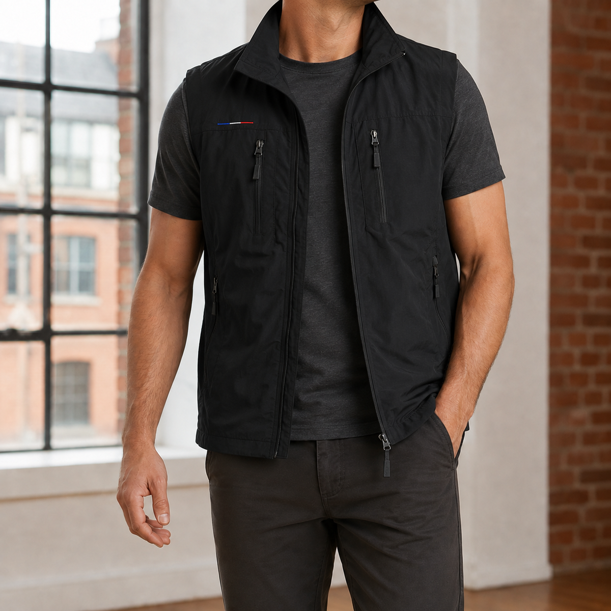 Men's utility vest styled as an everyday outer layer