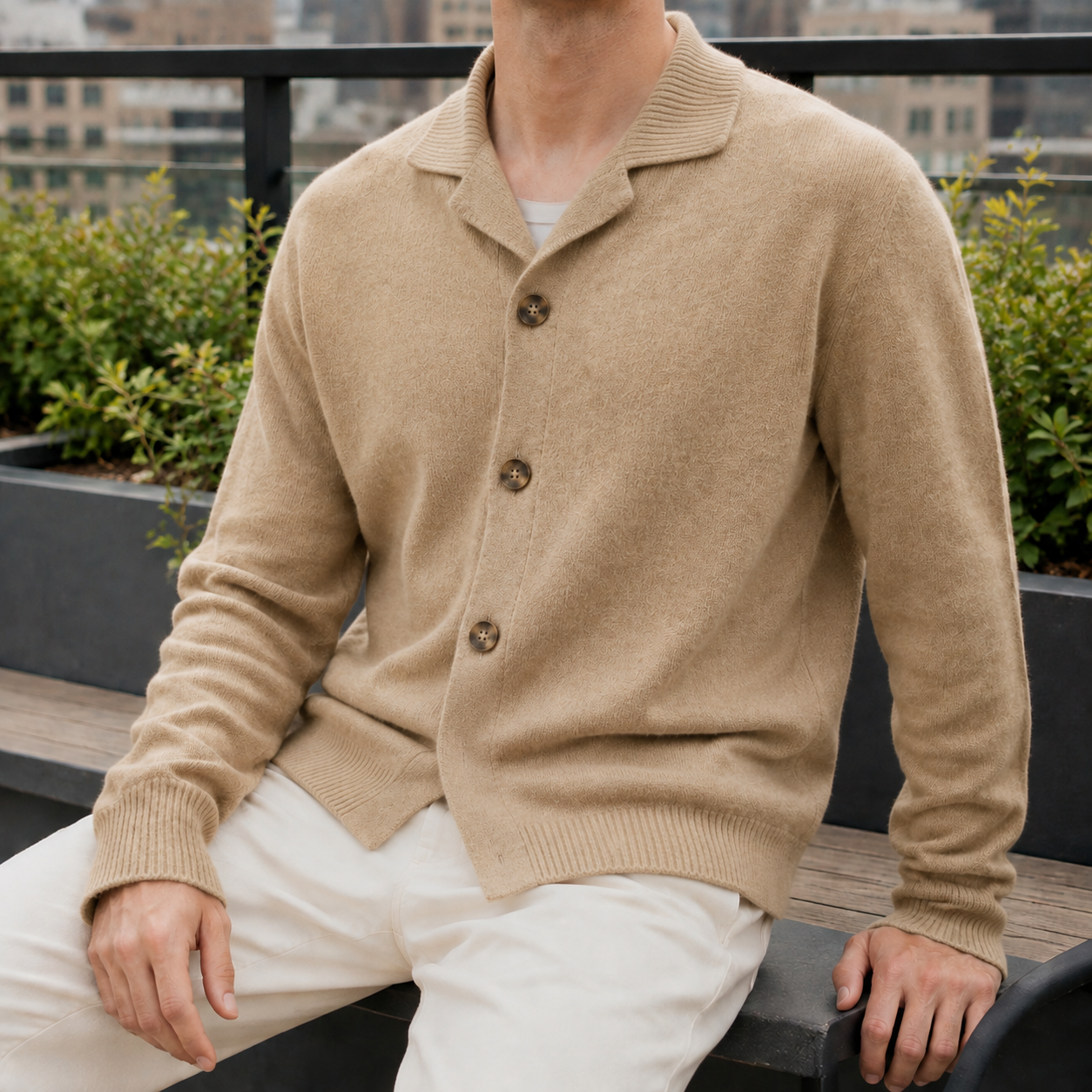 Men's cashmere blend cardigan shown from the side