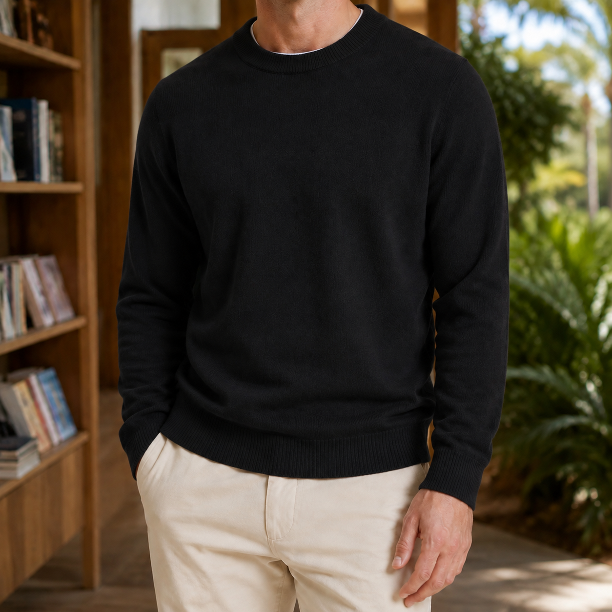 Men's Fine-Knit Wool Sweater With Ribbed Crew Neck