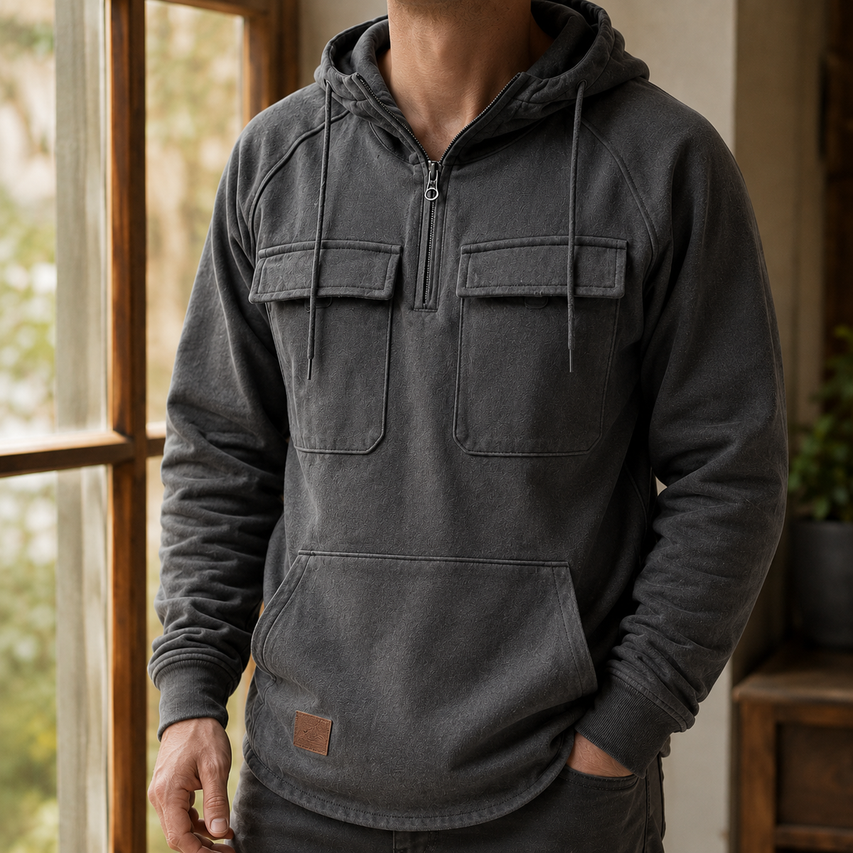 Men's Gray Utility Hoodie With Half-Zip
