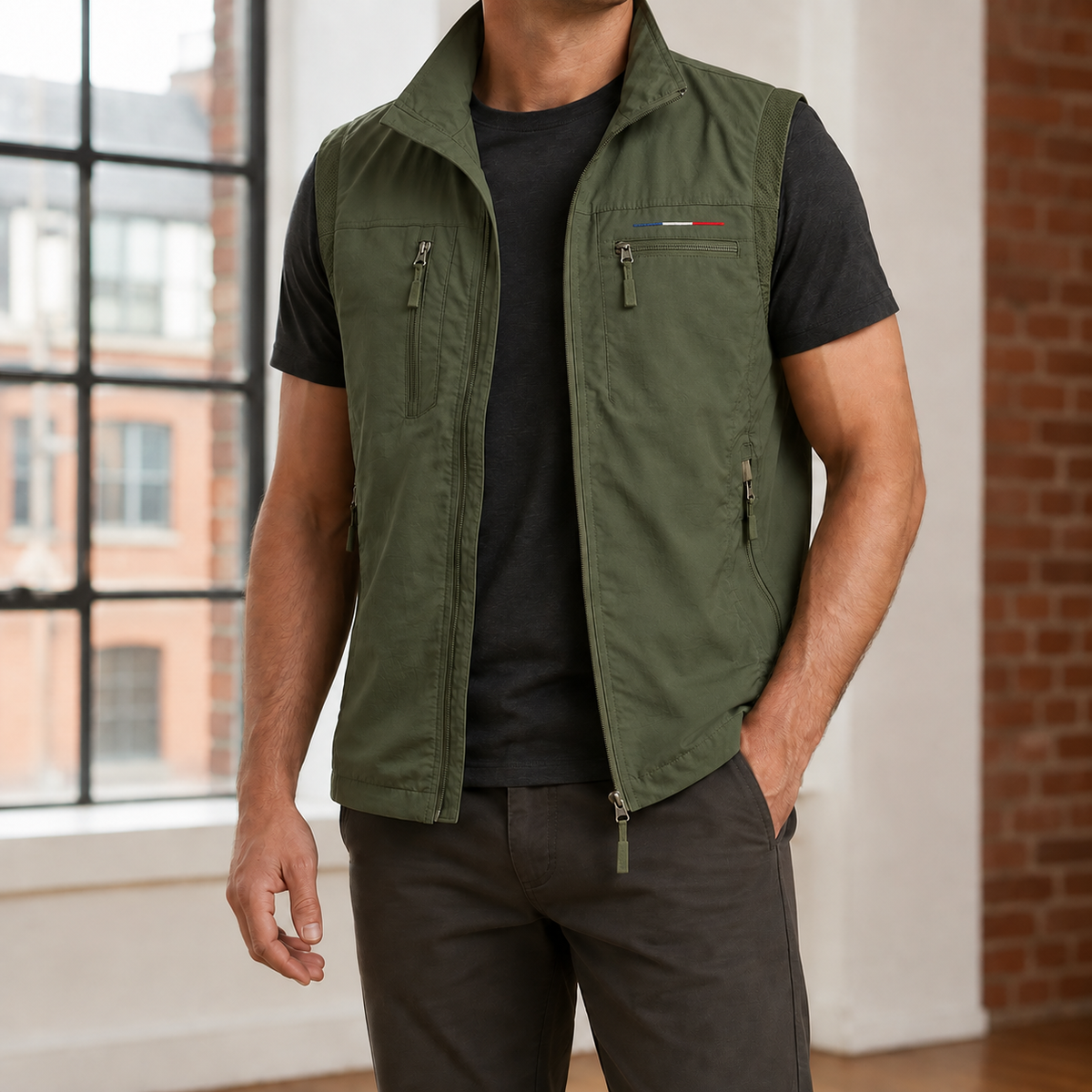 Detail view of the vest's secure zipped pocket
