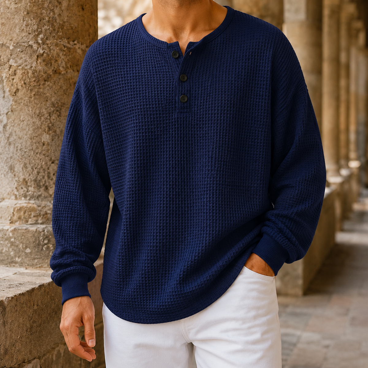 Men's waffle knit Henley sweater displayed as a versatile layering piece
