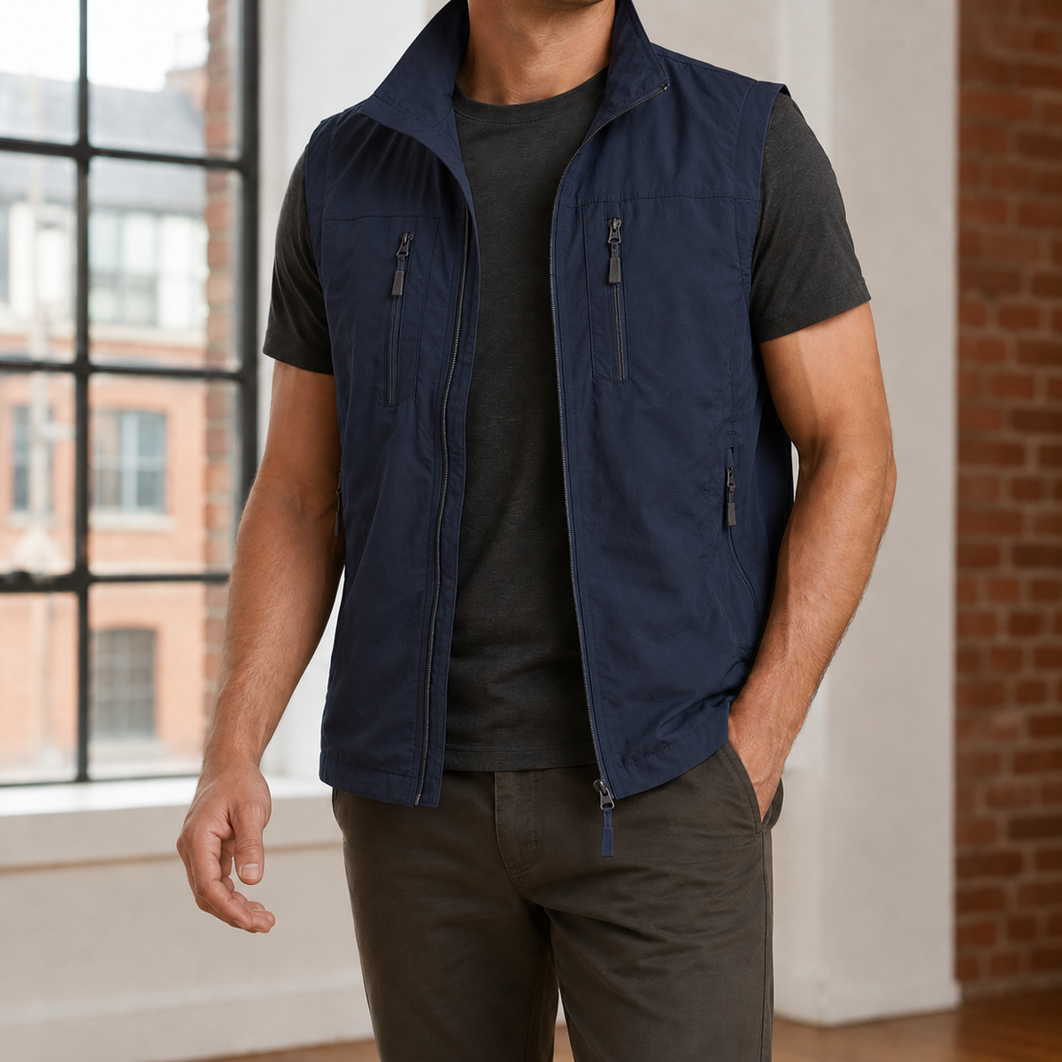 Men's utility vest shown in a clean product view
