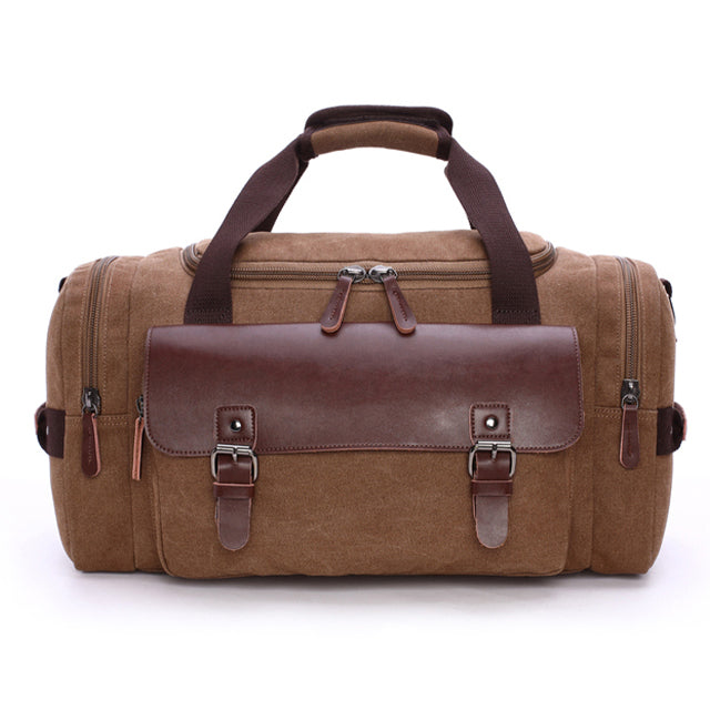 Front view of leather canvas duffel bag with spacious main compartment