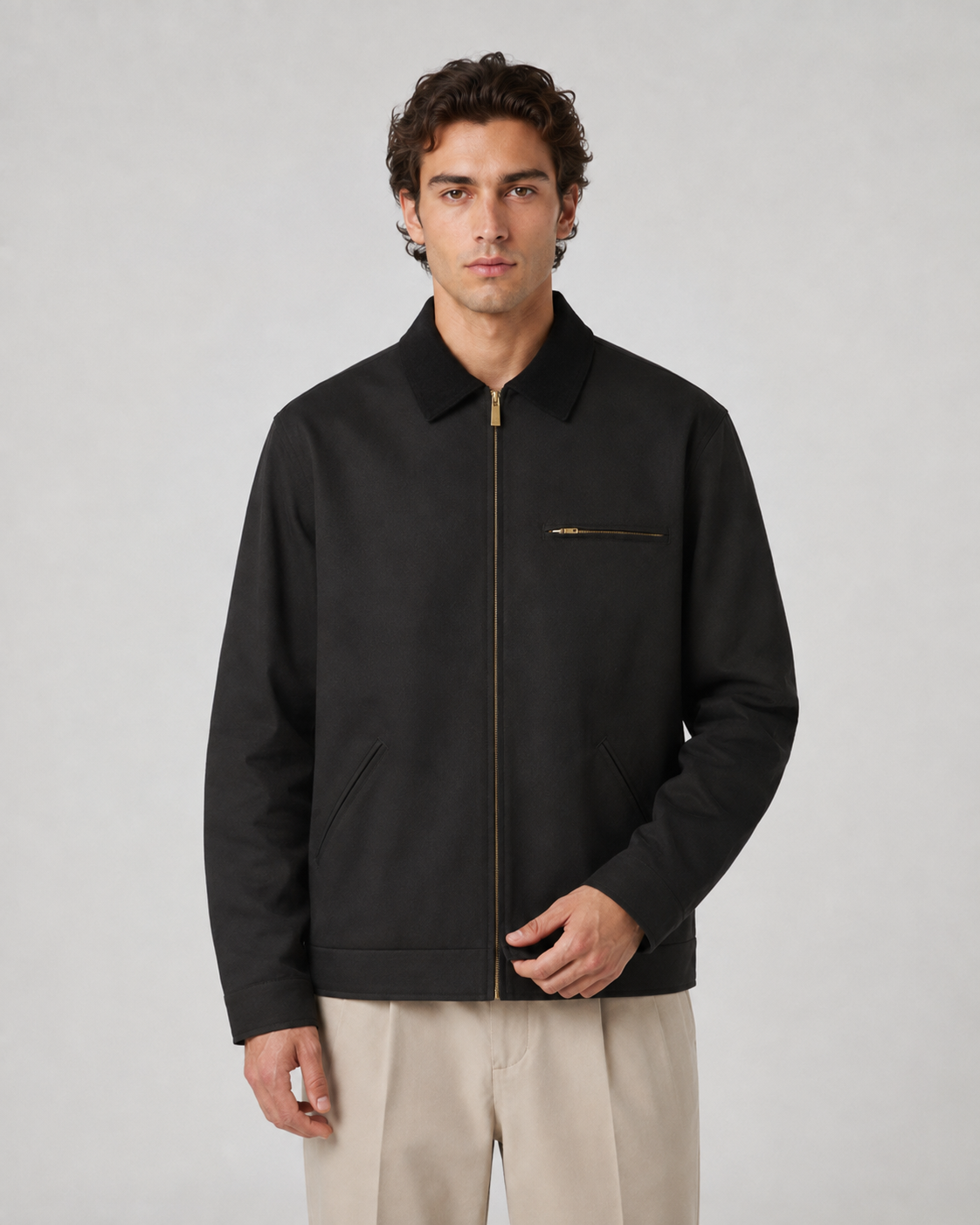 Side view of men's barn jacket with long sleeves