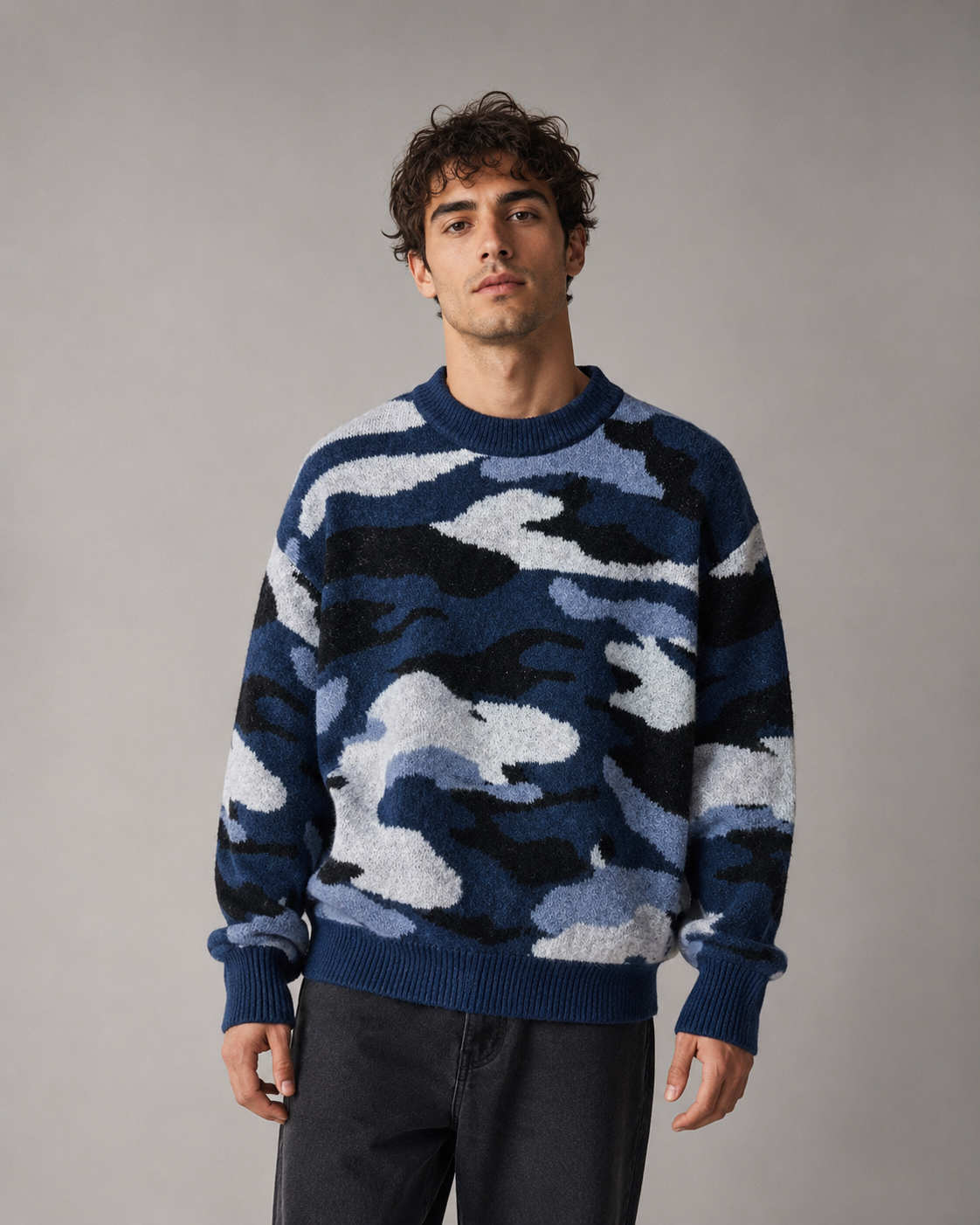 Men's Camouflage Knit Sweater Relaxed Crew Neck Streetwear