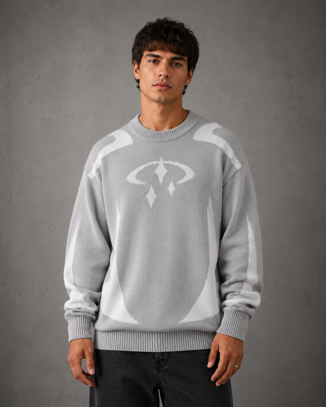 Graphic knit sweater displayed for casual everyday men's wear