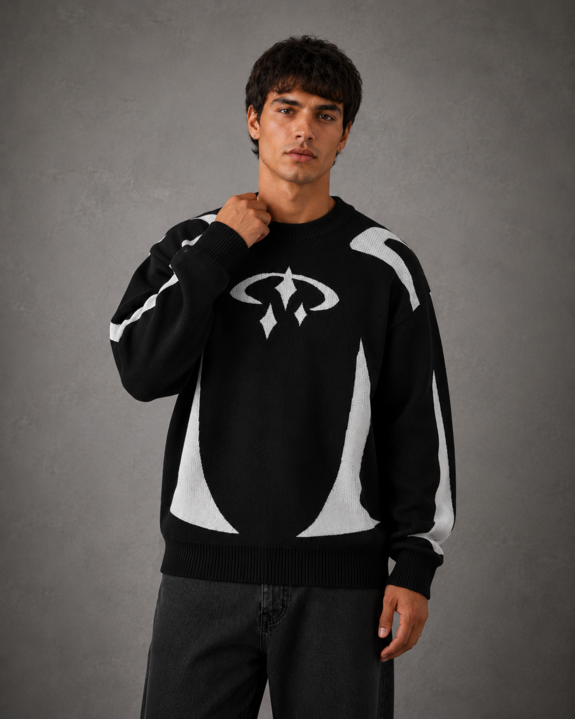 Men's sweater showing the graphic design across the front