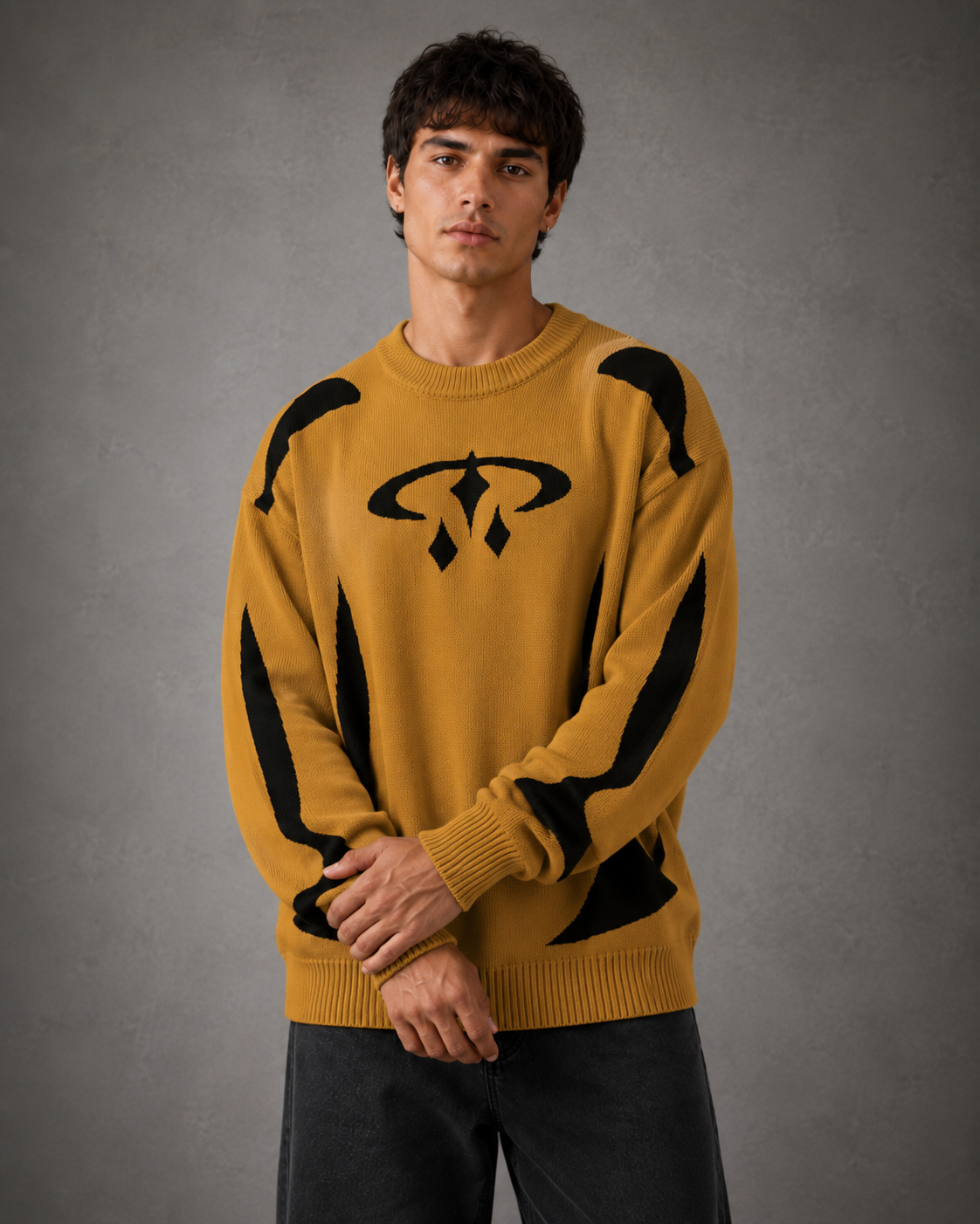 Men's graphic sweater paired with casual streetwear bottoms