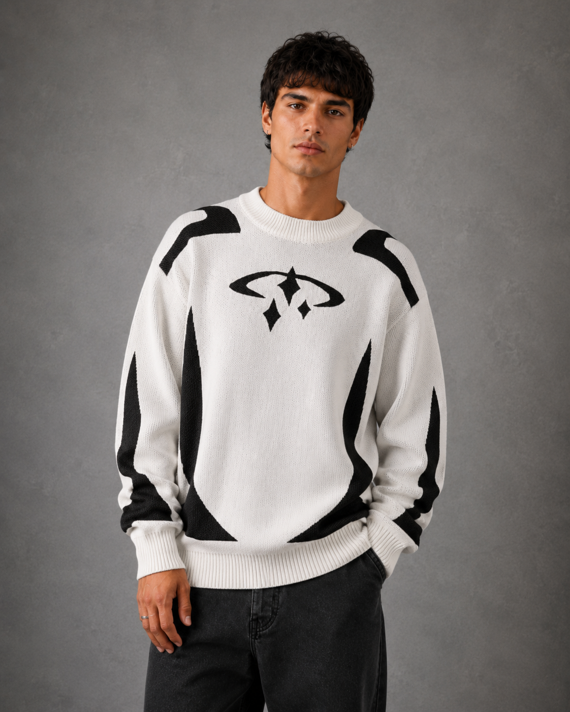 Crew neck detail on a relaxed men's knit sweater