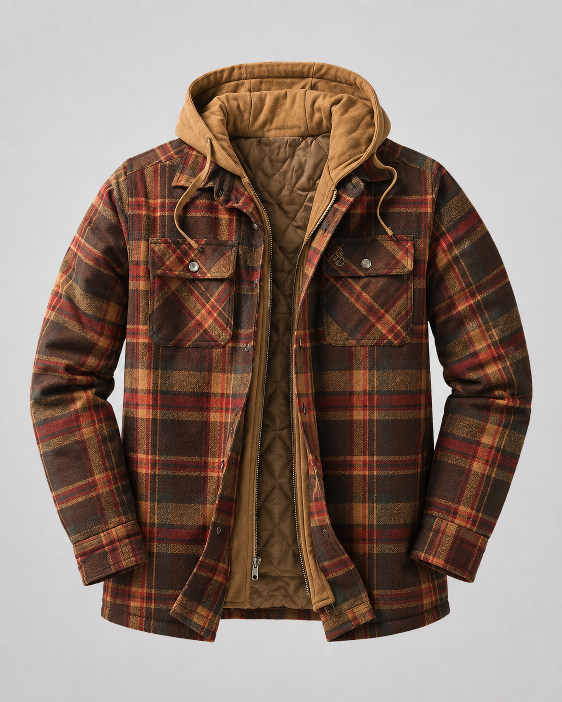 Men's Hooded Plaid Shacket With Quilted Lining