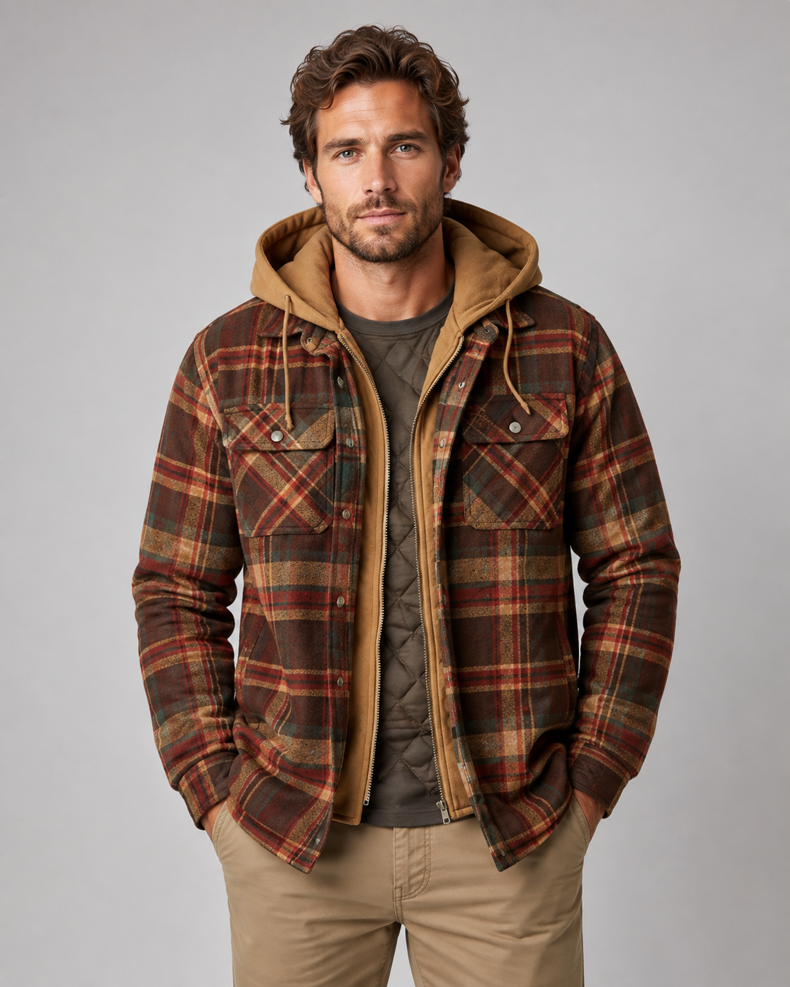 Close-up of the zip front on a men's hooded plaid shacket