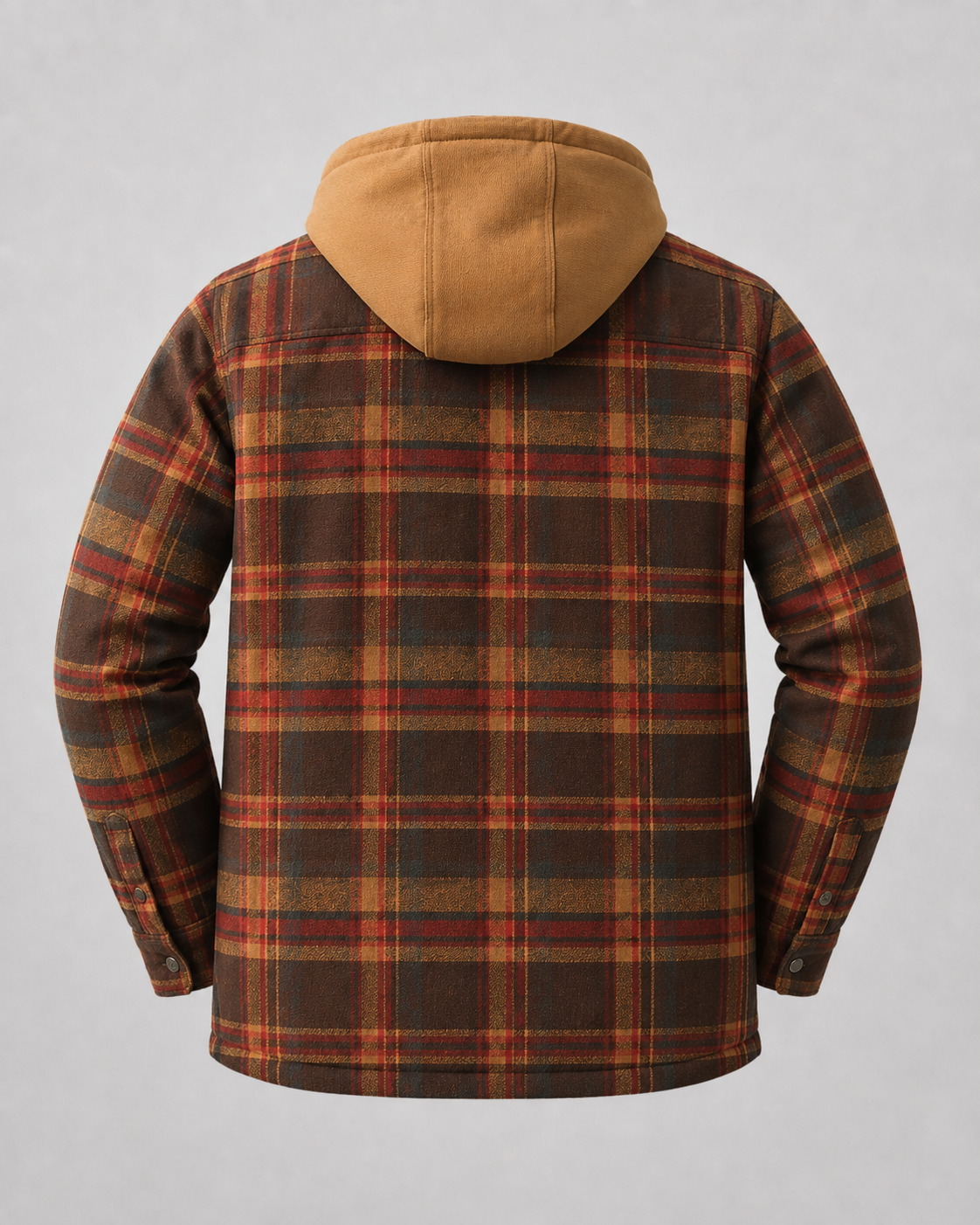 Side view of a men's hooded plaid shacket with long sleeves