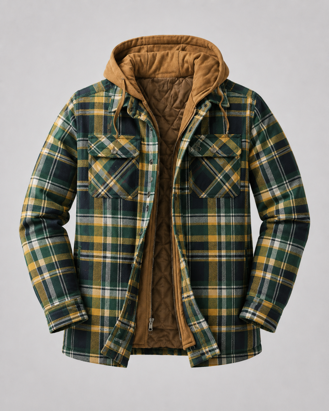 Men's Hooded Plaid Shacket With Quilted Lining