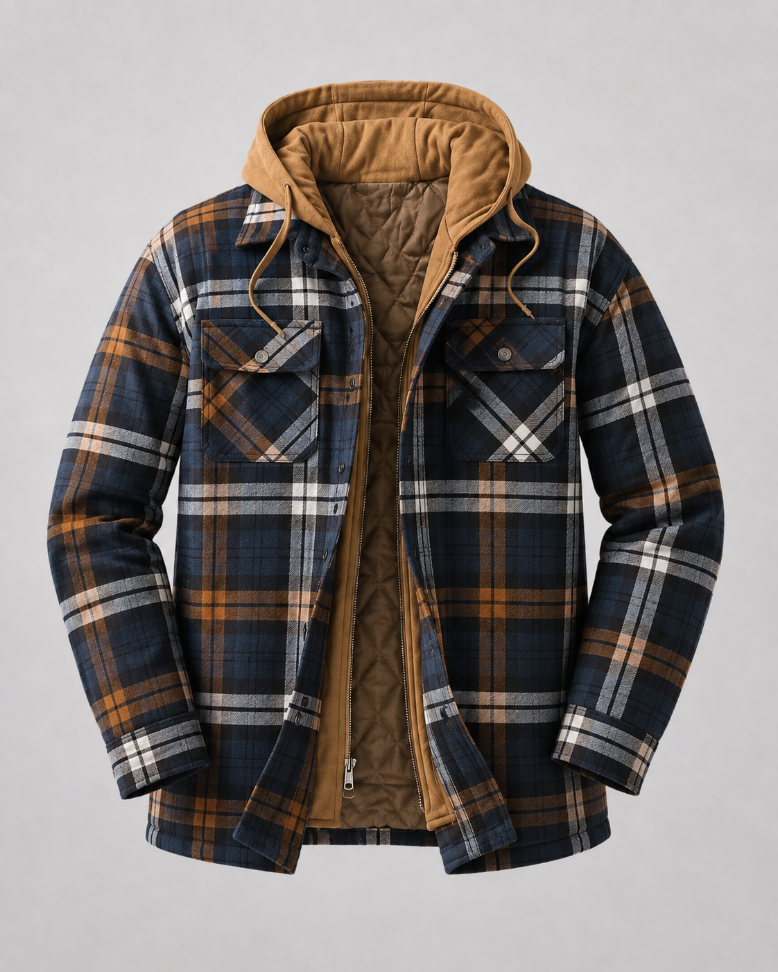 Detail of the quilted lining inside the men's hooded shacket