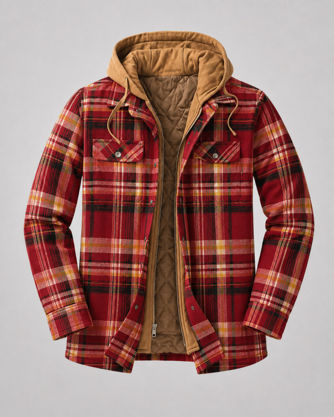 Men's plaid shacket styled as a casual cool-weather layer