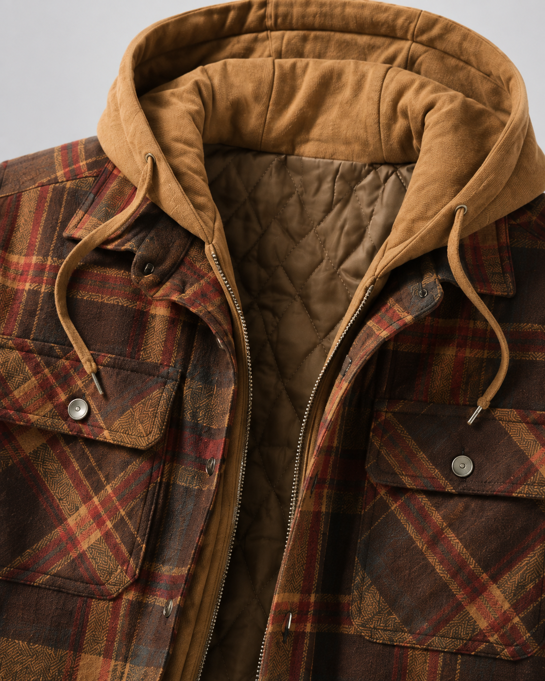 Men's shacket shown with its hood resting flat against the back