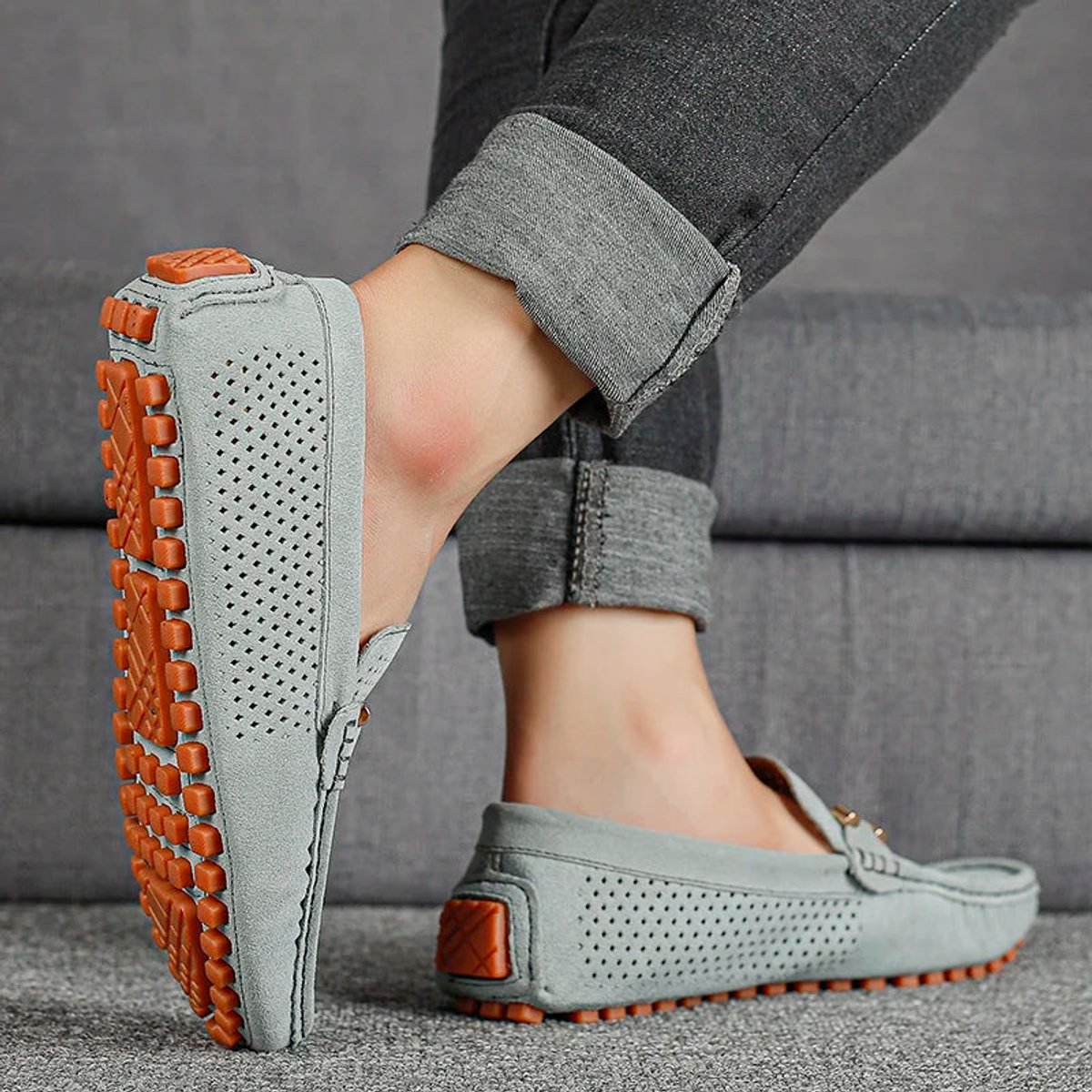 Top view of men's slip-on driving loafers showing the open design