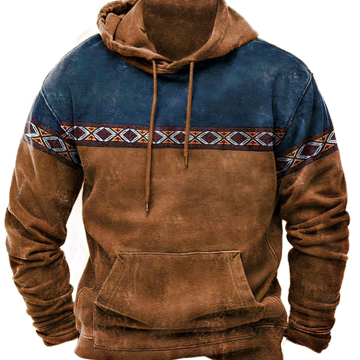 Men's color-block drawstring hoodie shown from the front