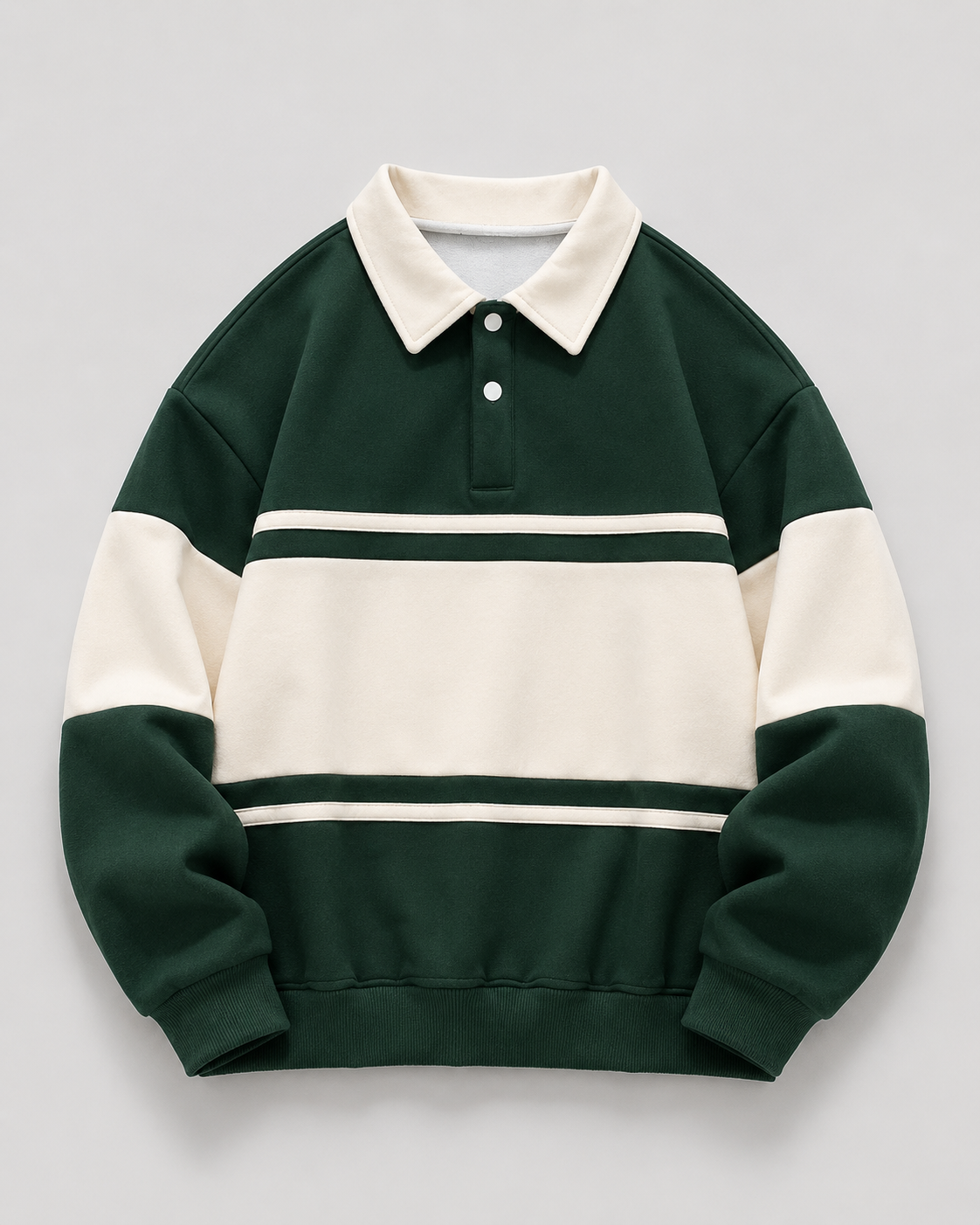 Full view of a men's color-block long-sleeve polo sweater